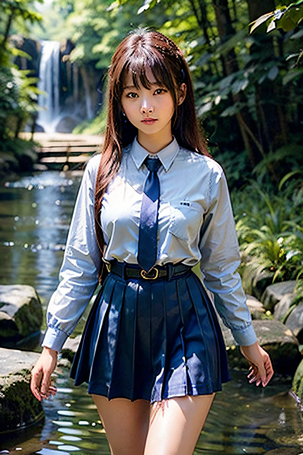 ​masterpiece、high-level image quality、high-detail、8k wallpaper、((extremely beautiful face、kawaii faces))、Bright brown eyes、((Double beautiful eyes))、Well-formed face,full body Esbian、se-ra-huku,Summer uniform、Blue tie、a blue skirt、One Beautiful Girl, hi-school girl、15yo student、Hairstyle with bangs、great outdoors、Blue swamp in the coniferous forest belt、Beautiful girl walking in the water and coming here、Embarrassment、confusion、Ephemeral、dark sky、side lights、Noise Reduction、Pale and soft light、diffuse glow、