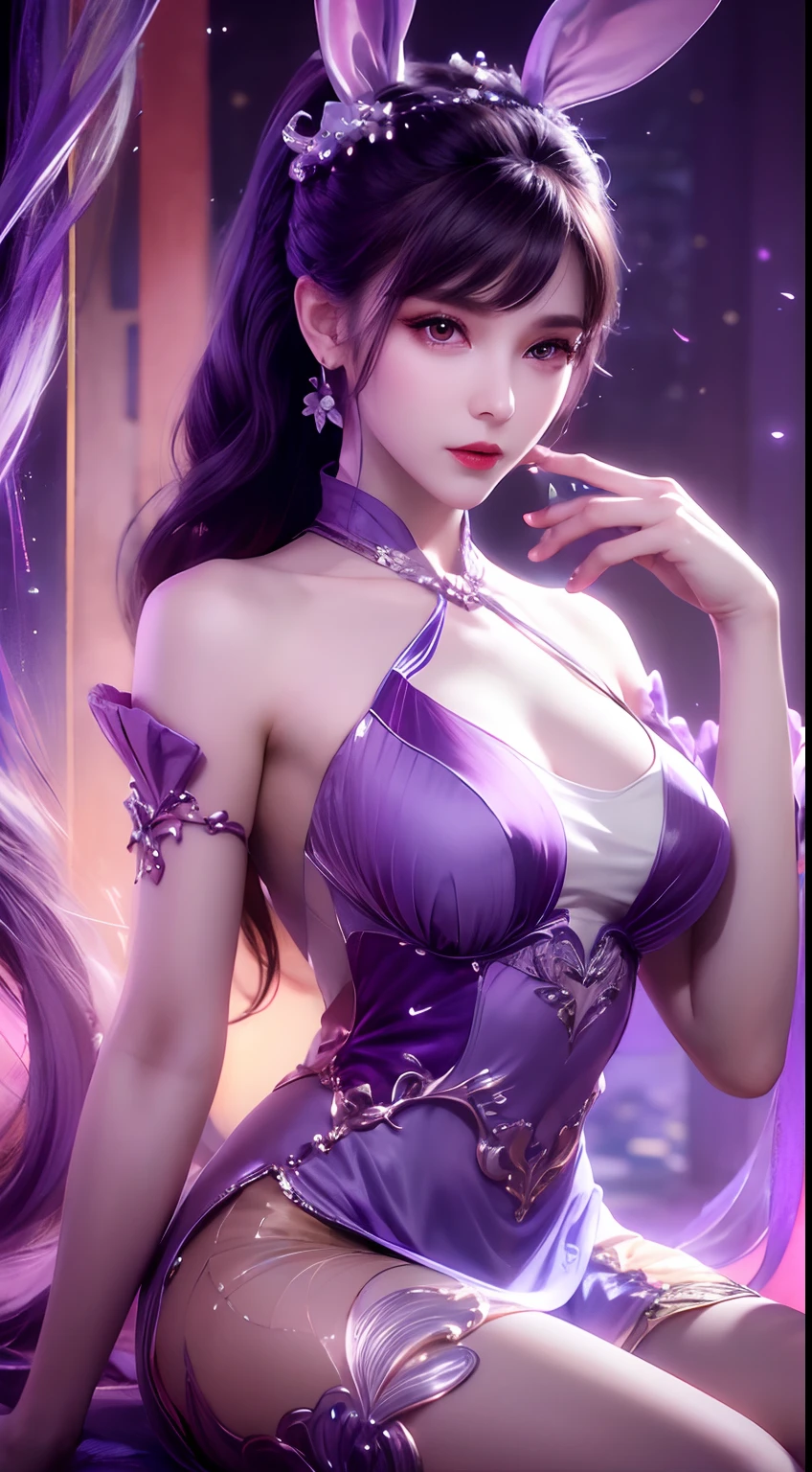 1 très belle fille en robe Hanfu, Chemise fine en soie violette，Il existe de nombreux motifs blancs, haut en dentelle blanche, Platine violet avec une longue frange et une longue queue de cheval, magnifique accessoire pour cheveux, Joli visage et mignon, Visage impeccable, bijoux de boucle d&#39;oreille, oreilles de lapin violet clair, accessoires de cou, grands yeux violets méticuleusement dessinés, maquillage minutieux, sourcils fins, nez haut, Les lèvres rouges sont belles, aucun sourire, lèvres pincées, joues roses, seins larges, gros seins, buste bien proportionné, taille fine, chaussettes en maille violette, Style chinois hanfu, modèles d&#39;art fictif, Les couleurs vives et les jambes sont réelles , Photo brute, photo réaliste, photos surréalistes 8k de très haute qualité, (Effets de lumière fantastiques: 1.8), 10x pixels, Effets magiques (arrière-plan): 1.8), yeux super détaillés , Portrait du haut du corps d&#39;une belle fille, fille seule, fond de hanfu ancien, tête droite, regardant le spectateur, Large photo originale, Qualité 8k, super pointu, l&#39;image la plus détaillée et la plus claire, Fond clair détaillé,