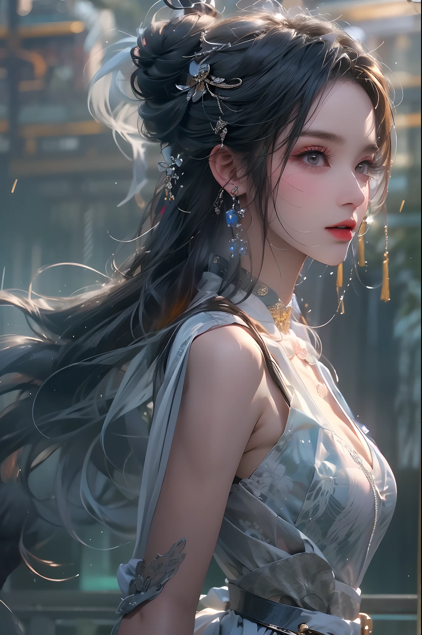 In a futuristic cityscape, Traditional Chinese elements are seamlessly integrated with advanced technology, A young woman stood confidently, Beautifully decorated jewelry. Her delicate facial features are highlighted by a bright smile, When she poses for the audience. Her long, Black hair flowed down her back, Outline her beautiful neck，Accentuate her soft curves.

She wears white, Chinese-style cheongsam, Its intricate pattern shimmers with purple moire. The low-cut neckline of the dress reveals a hint, Add an alluring touch to her otherwise serene exterior. A short, A black pleated skirt fluttered over her legs, Pair it with black lens stockings，Add a touch of sophistication.

On her ears, She wears a pair of delicate earrings, around her neck, A stunning necklace. Her purple double ponytail is adorned with purple-eared steamed buns, Add a touch of playfulness to her otherwise elegant exterior. In her hand, she is holding a sword, Be prepared to protect yourself or those around you.

When lightning streaks across the sky, The scene is bathed in an otherworldly glow. The thunderclap broke the silence, Echo through the towering skyscrapers of the city. Despite the chaos outside, The young woman remained calm, Her calm expression remained unchanged.

The entire scene was shot in perfect light, The attention to detail，Truly breathtaking. All aspects of the image, From intricate patterns on women's dresses to sparkling skylines in the background, Presented in extreme detail. This stunning image is a masterpiece, The perfect blend of technology and tradition, Be ready to be admired for years to come.