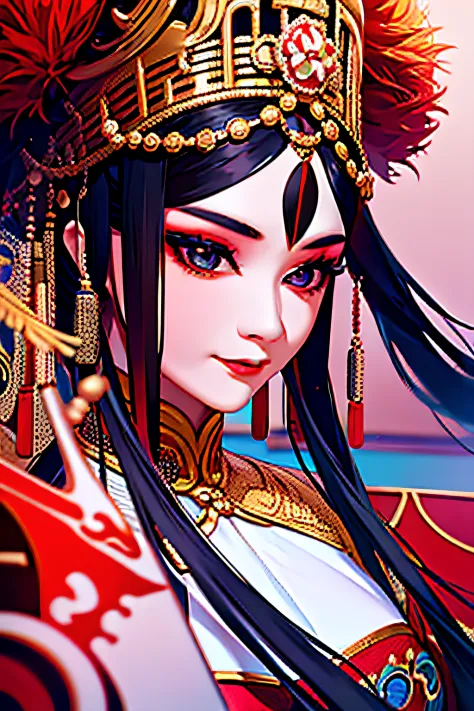 beijing opera,long hair girl，stage，surrealism, high detail, cubismo, tonalism,opera costumes，beautidful eyes，close-up