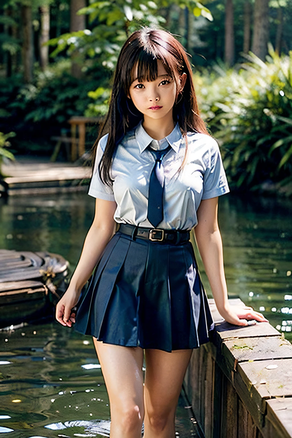 nsfw、​masterpiece、high-level image quality、The ultra -The high-definition、8k wallpaper、((extremely beautiful face、kawaii faces))、Bright brown eyes、((Double beautiful eyes))、no-makeup、Well-formed face,full body Esbian、a sailor suit,Summer uniform、Blue tie、a blue skirt、One Beautiful Girl, hi-school girl、15yo student、Hairstyle with bangs、great outdoors、Blue swamp in the coniferous forest belt、Beautiful girl walking in the water and coming here、Embarrassment、confusion、Ephemeral、dark sky、side lights、Noise Reduction、Pale and soft light、diffuse glow、Hair that flutters in the wind、A skirt that flutters in the wind、white panty