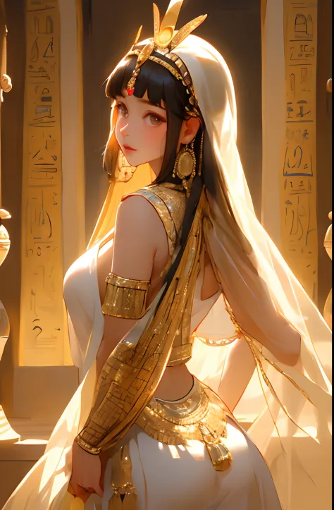 (Masterpiece:1.2), (Best quality:1.2),1个Giant Breast Girl，An Egyptian princess，10years old, brightskin,,Bigboobs，Young，Cocked buttocks，Egyptian attire，By bangs, long whitr hair, egyptian style，ornate backdrop，The upper part of the body