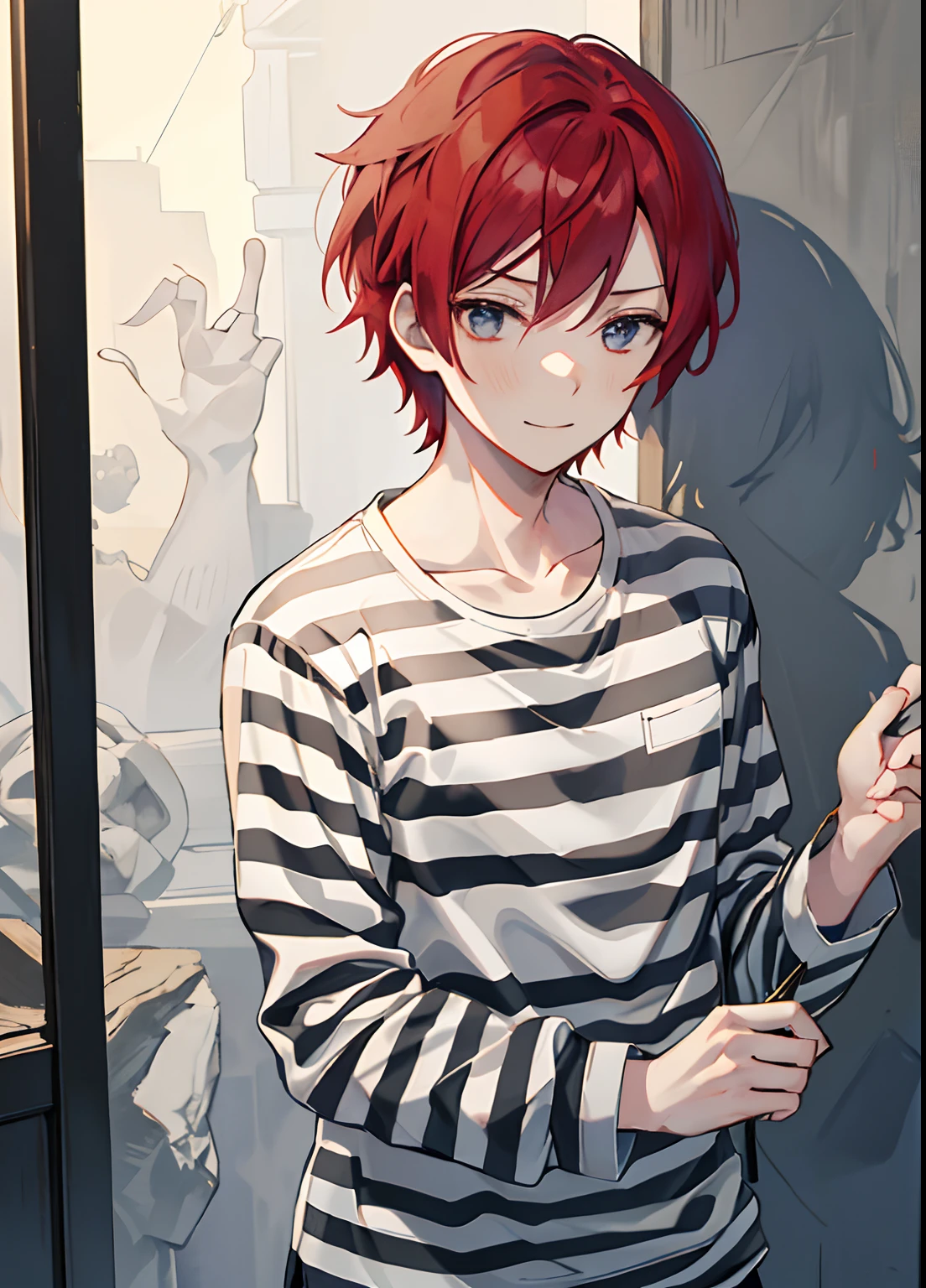 1guy, Handsome man,  Solo,Very short red hair, red hair, up looking_で_viewer, ((masutepiece,Best Quality)), Beautiful detailed eyes, beautifull detailed face、Sleepy face、sleepy expression、A slight smile, (((priclothes))), (((striped clothes))), shirt, outfit, (long sleeves), prisoner, clothes, clothing, black and white stripes, prison cell
