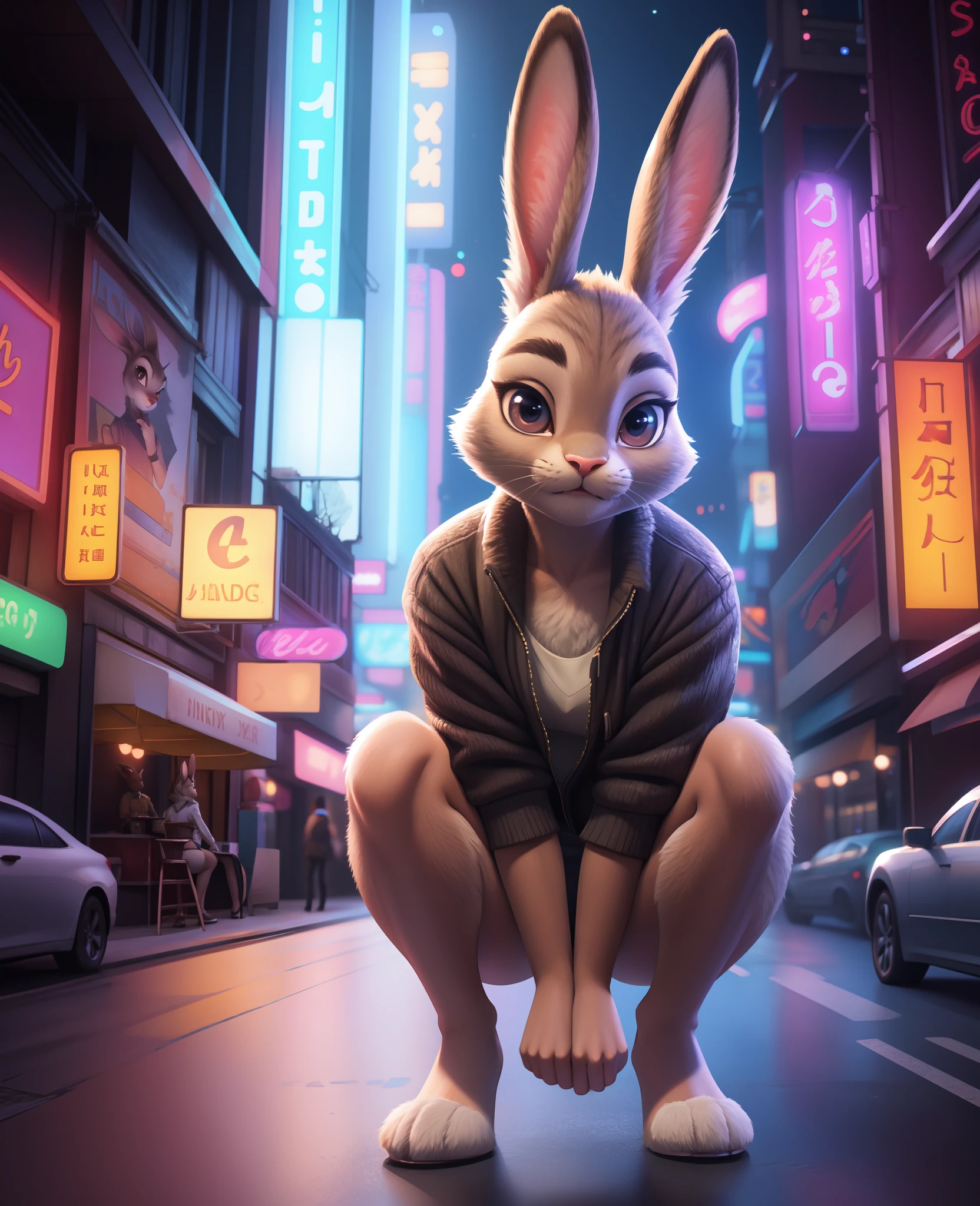 feral fur, anthro, judy, solo, female, adult, (Detailed face), (solo:1.1), ((anthro, humanoid)), [(thin:1.1) : small  : (Judy rabbit:1.2):4], (Detailed face), (anthropomorphic legs, anthropomorphic hands:1.1), (solo), (bedroom eyes, realistic fur, detailed background, neon city background, realistic, photorealistic, ultra realistic, 8k, furry, fur