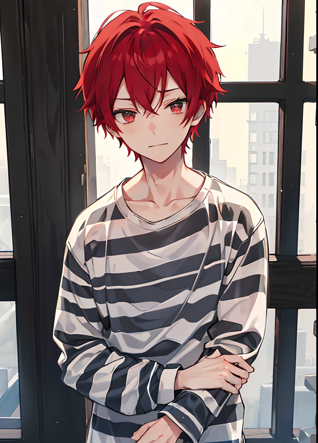 1boy, Handsome man,  Solo,Very short red hair, red hair, up looking_で_viewer, ((masutepiece,Best Quality)), Beautiful detailed eyes, beautifull detailed face、Sleepy face、sleepy expression、A slight smile, (((priclothes))), (((striped clothes))), shirt, outfit, (long sleeves), prisoner, clothes, clothing, black and white stripes, prison cell