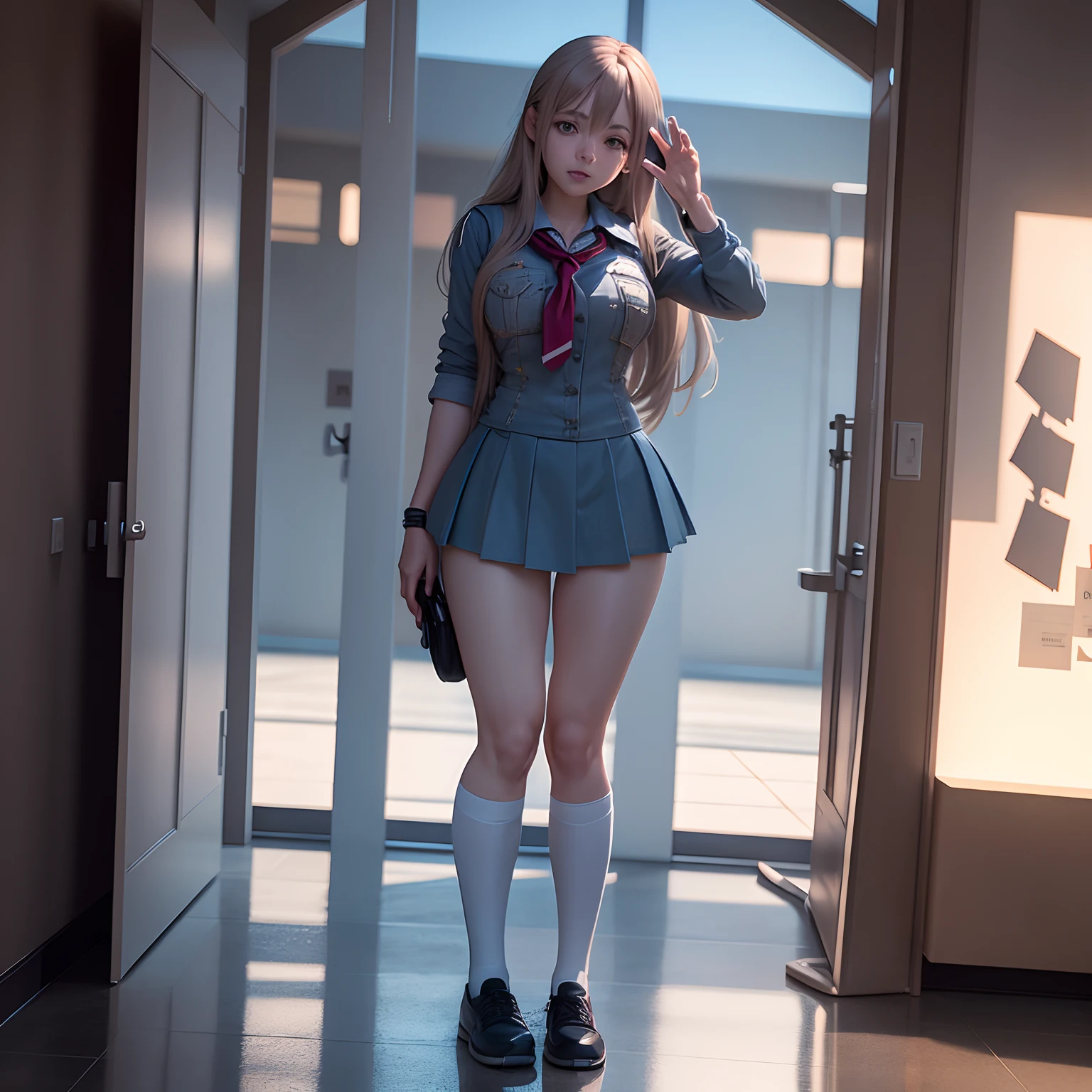 A captivating female anime character with a blissful expression, dressed in a school uniform, posed in a full body stance with ultra-detailed 3D rendering and a shimmering texture in ultra HD 8K hyper-realistic photo-realism.