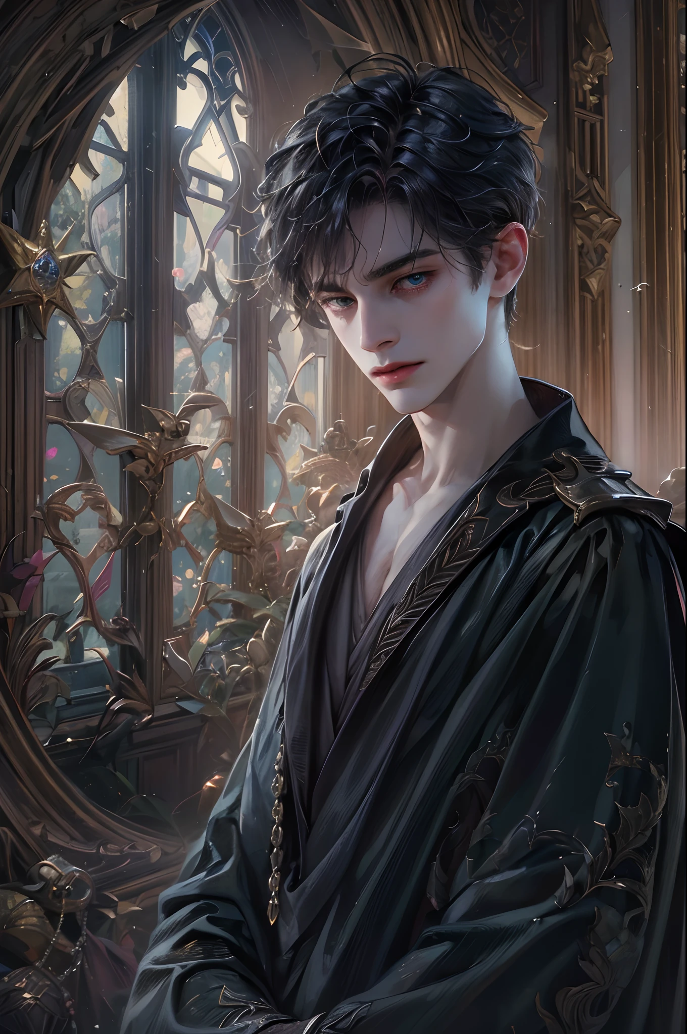 (absurdres, highres, ultra detailed, HDR), masterpiece, best quality, 1 boy , maleficent movie, boy character ,short hair, handsome face, anime eyes,detailed interior, detailed character