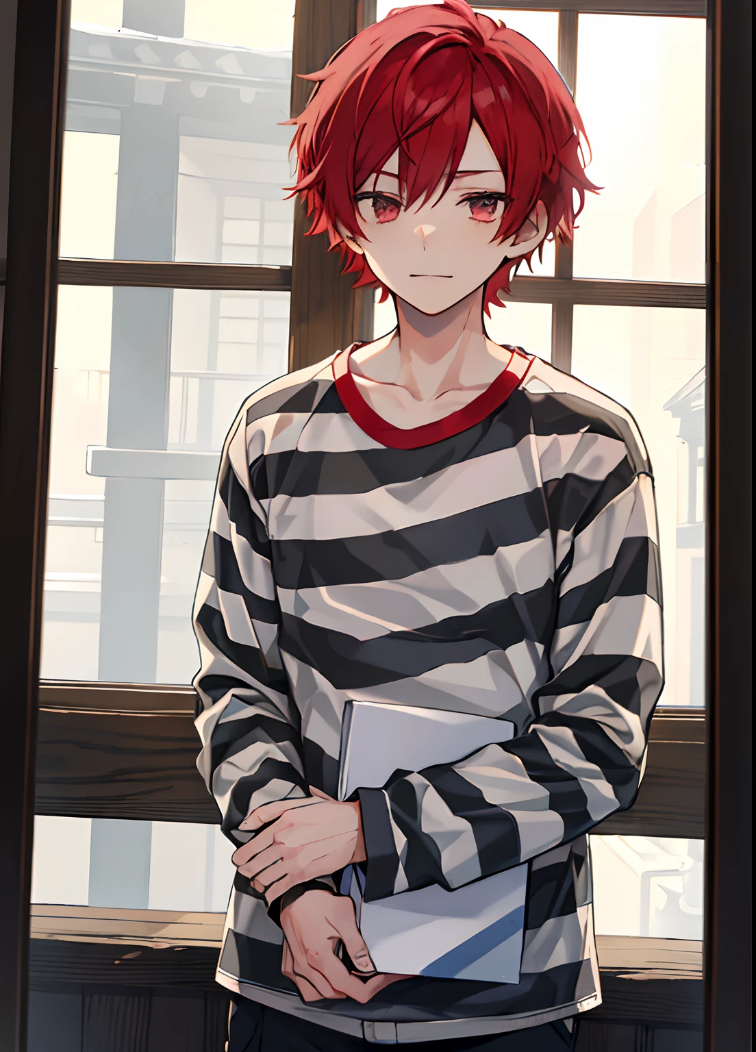 1boy, Handsome man,  Solo,Very short red hair, red hair, up looking_で_viewer, ((masutepiece,Best Quality)), Beautiful detailed eyes, beautifull detailed face、Sleepy face、sleepy expression、A slight smile, (((priclothes))), (((striped clothes))), shirt, outfit, (long sleeves), prisoner, clothes, clothing, black and white stripes, prison cell, young