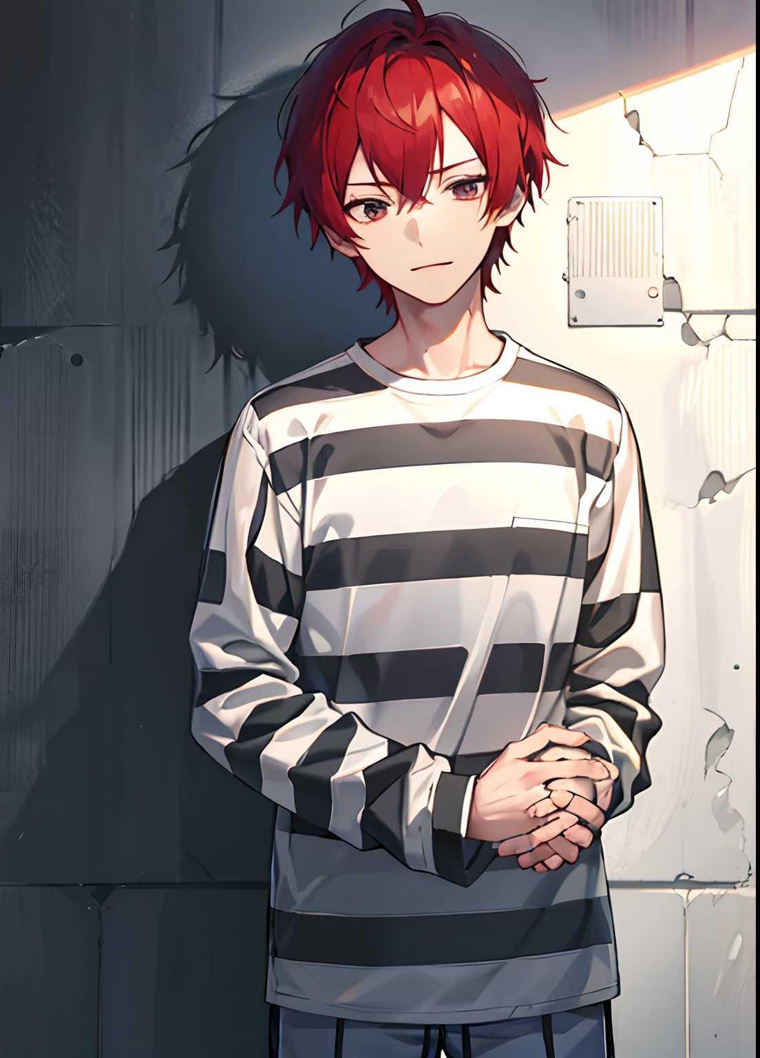 1boy, Handsome man,  Solo,Very short red hair, red hair, up looking_で_viewer, ((masutepiece,Best Quality)), Beautiful detailed eyes, beautifull detailed face、Sleepy face、sleepy expression、A slight smile, (((priclothes))), (((striped clothes))), shirt, outfit, (long sleeves), prisoner, clothes, clothing, black and white stripes, prison cell, young