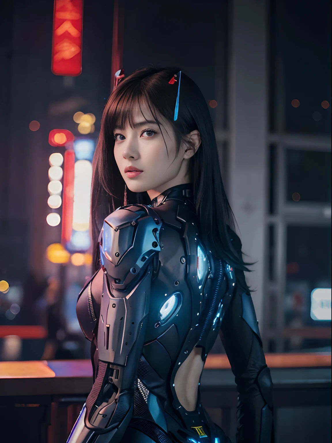 （Fight against mechanical robot soldiers）、top-quality、​masterpiece、超A high resolution、(Futuristic machine gun、holding knive),（Wearing a futuristic sun visor）、(Photorealsitic:1.4)、Raw photo、女の子1人、Black hair、glowy skin、((1 Mechanical Girl))、((super realistic details))、portlate、（Small LED lamp）、Wire tubes that glow all over the body、(With state-of-the-art weapons),globalillumination、Shadow、octan render、8K、Armpit、ultrasharp、Colossal 、Small LED lamp、Raw skin is exposed in cleavage、metals、blood vessels connected to tubes、With weapons、Red bodysuit、Armpit、Cyberpunk city background、Details of complex ornaments、Japan details、highly intricate detail、Realistic light、CGSoation Trends、Blue eyes、radiant eyes、Facing the camera、neon details、（Helmet of the Brave）、Mechanical limbs、blood vessels connected to tubeechanical vertebrae attached to the back、mechanical cervical attaching to neck、Wires and cables connecting to the head、Gundam、Small LED lamp、Toostock、Toostock、Futuristic machine gun、Knives、