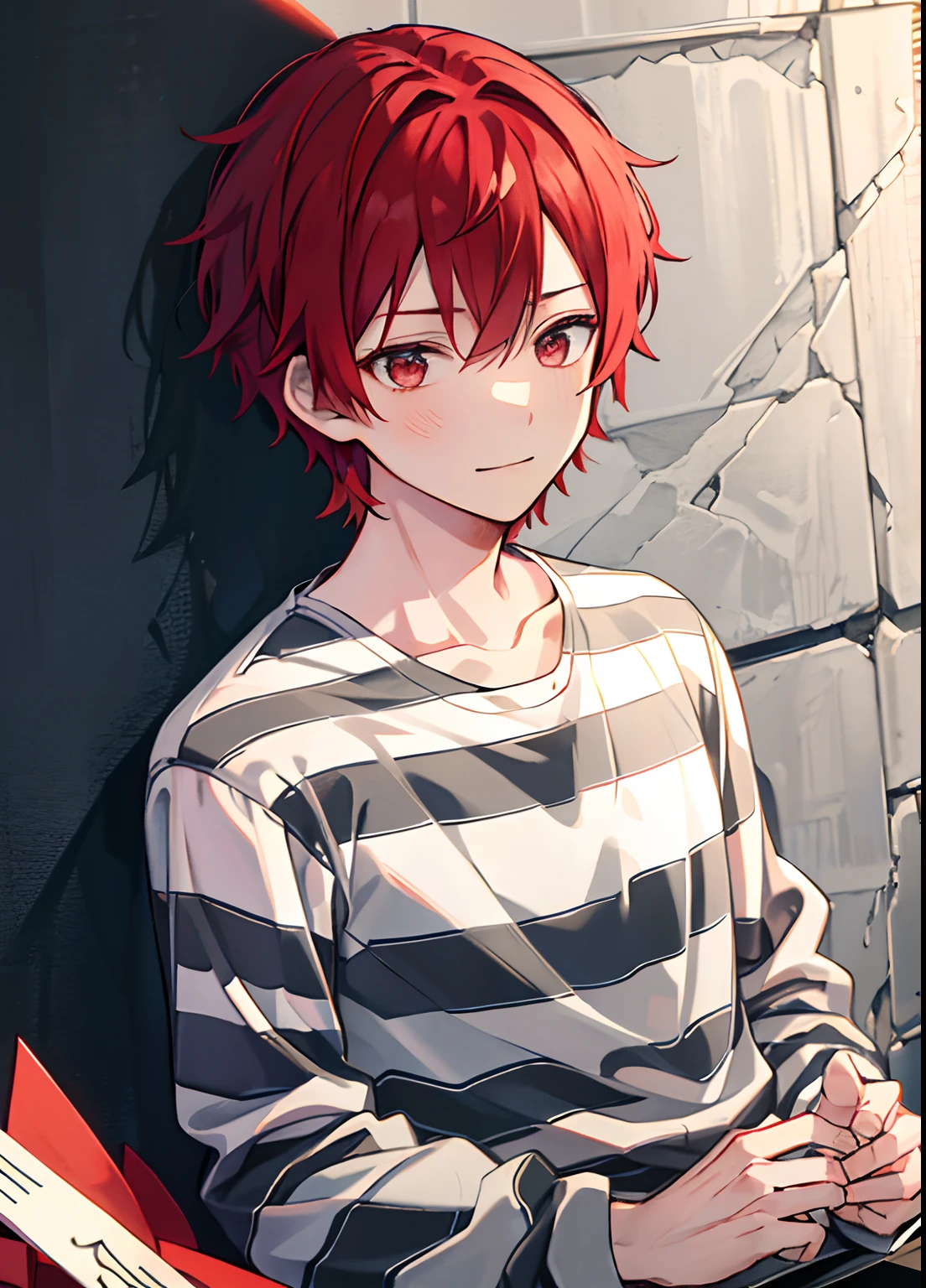 1boy, Handsome man,  Solo,Very short red hair, red hair, up looking_で_viewer, ((masutepiece,Best Quality)), Beautiful detailed eyes, beautifull detailed face、Sleepy face、sleepy expression、A slight smile, (((priclothes))), (((striped clothes))), shirt, outfit, (long sleeves), prisoner, clothes, clothing, black and white stripes, prison cell, young