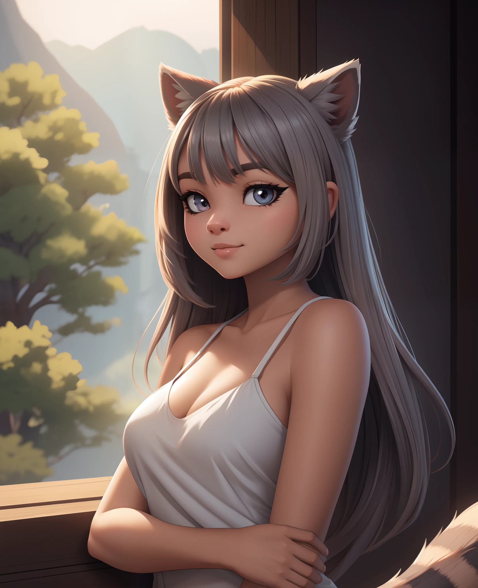 image of anthro racoon girl, female, humanoid, furry, beauty, cute, adorable, grey skin color, hi res, sharp, detailed background