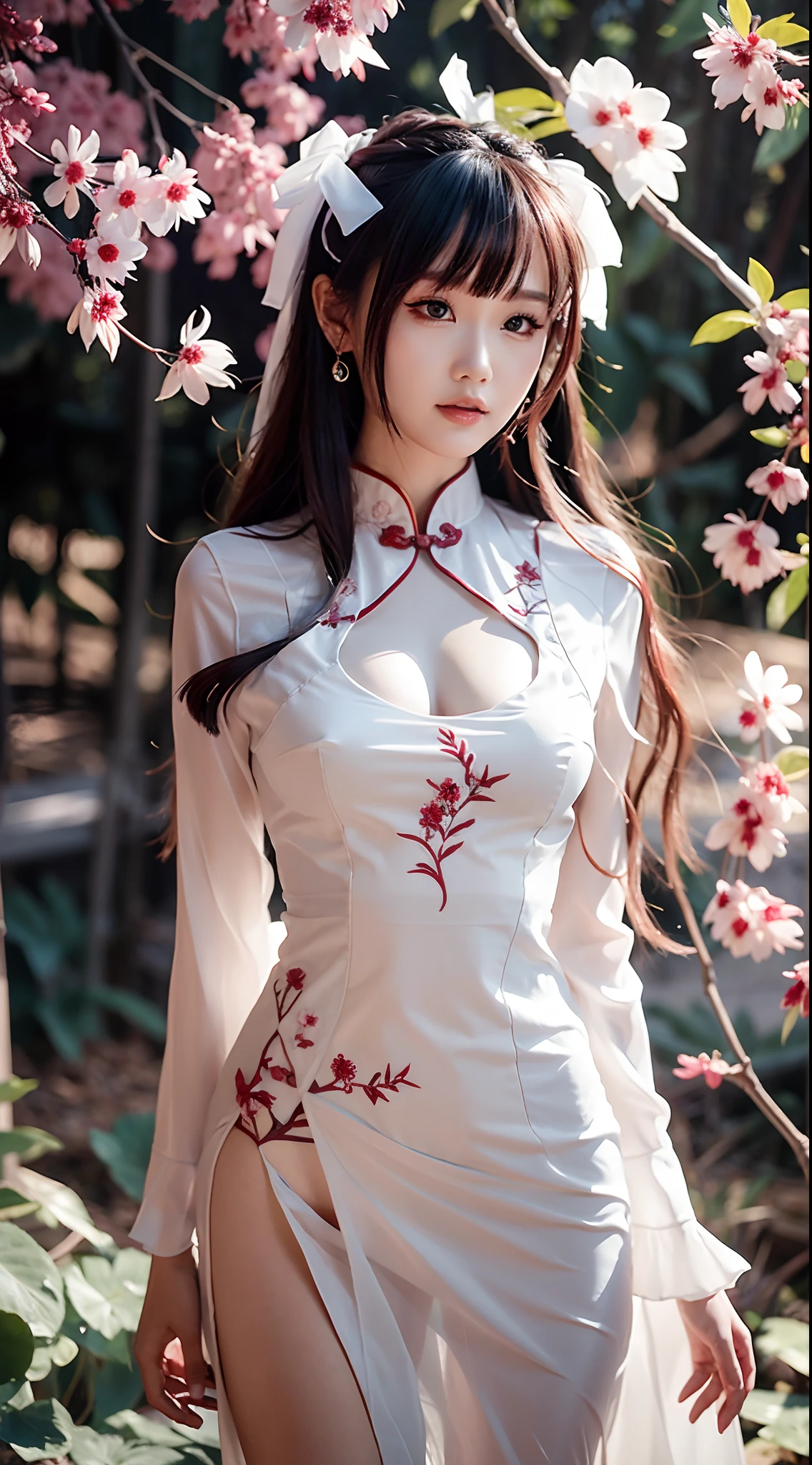 A woman in a dress stands in front of a tree, Ethereal beauty, beautiful female bodies, a stunning young ethereal figure, Cheongsam, Very ethereal, Translucent body, Translucent dress, By Leng Mei, extremely beautiful and ethereal, intricate body, gorgeous chinese models, Oriental fantasy, Incredibly ethereal, flower goddess, Beautiful goddess, ((a beautiful fantasy empress))