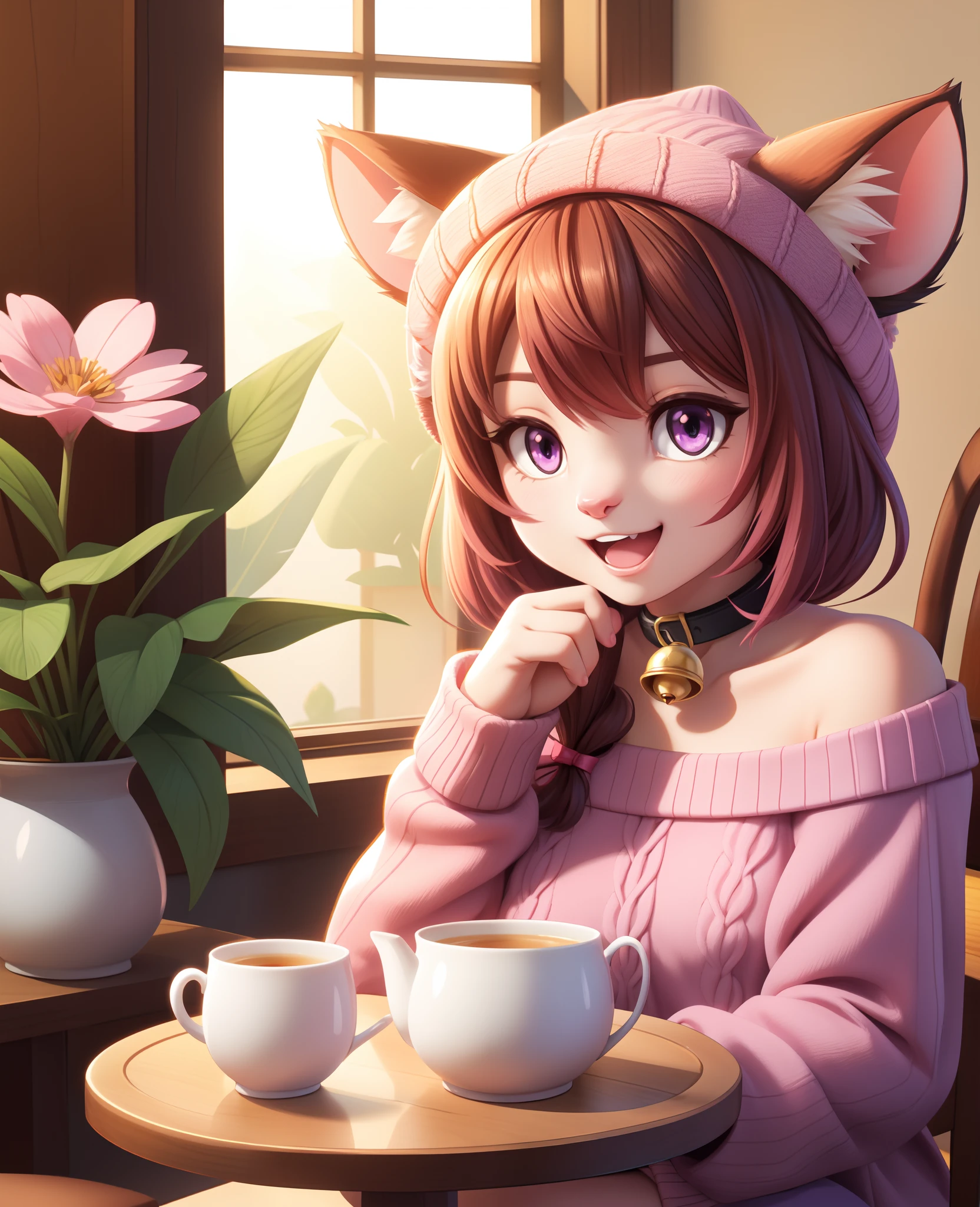 1girl, :3, tamaki,animal_ears, animal_on_lap, animal_on_shoulder, bell,bow, brown_headwear, cafe, calico, cat_ears, cat_girl, cat_hat, cat_on_head, cat_tail, cat_teaser, chair, chen, chen_\(cat\), chomusuke, clothed_animal, collar, cup, dog, fang, flower, flower_pot, glint, hat, holding_cat, indoors, jingle_bell,  leaning_forward, lens_flare, looking_at_viewer, mouse, mug,  neck_bell, nekomata, off_shoulder, open_mouth, pink_flower, pink_hair, plant, potted_plant, purple_eyes, purple_flower, ribbed_sweater, saucer, smile, sparkle, stuffed_cat, sweater, table, tea, teacup, teapot, vase, whiskers,white_sweater