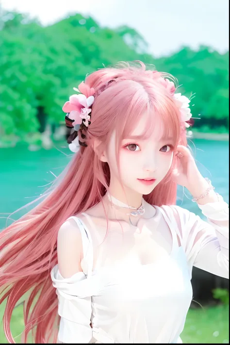 1.gril,red eyes,long hair,pink hair,dress white, realistic,ultra detail,