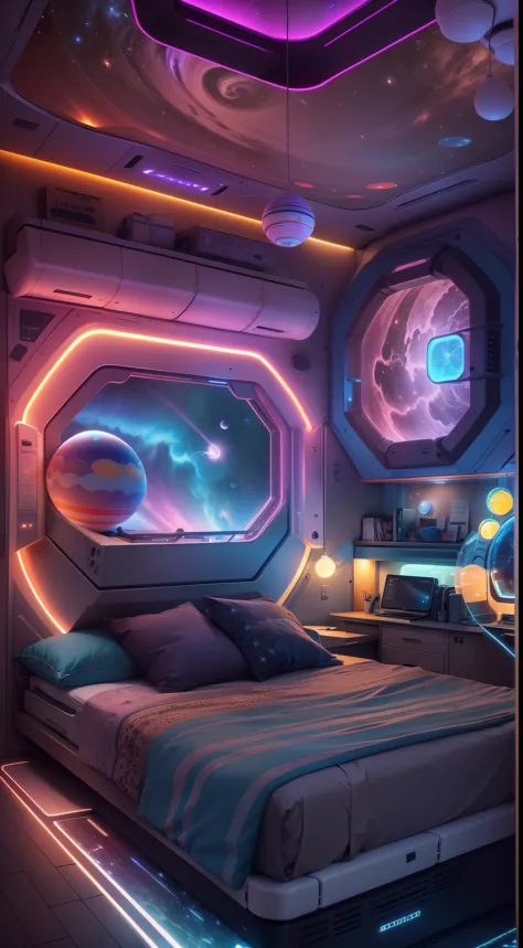 A vibrant bioluminescence colorful glow lit ((space ship escape pod bedroom)), with a highly detailed cozy and colorful space theme hacker-core aesthetic high tech closable door system visible, computer screens, fold out work desks inside the escape pod, h...