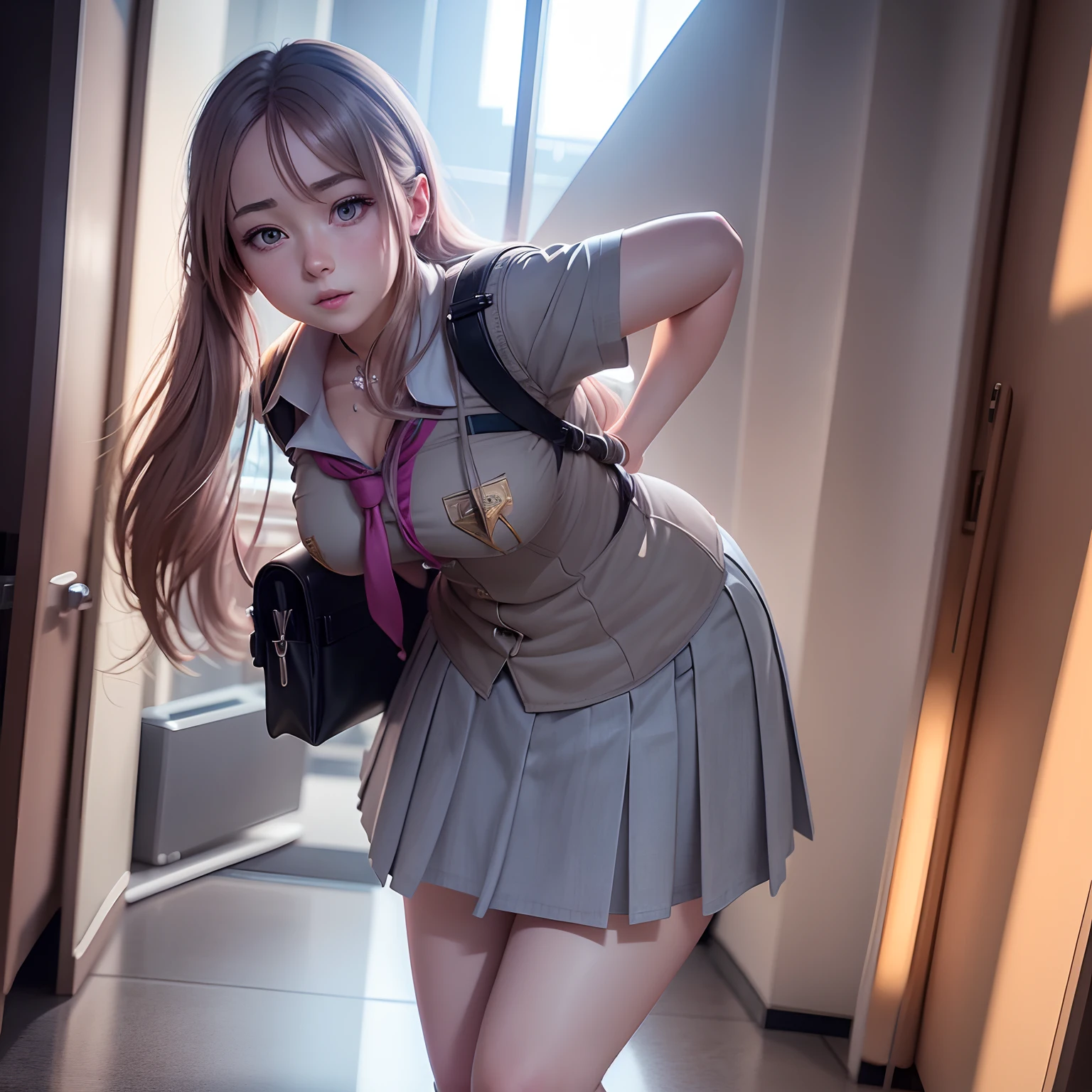 Uma personagem feminina de anime cativante com uma expressão feliz, vestido com um , posado em uma posição de corpo inteiro com renderização 3D ultradetalhada e uma textura cintilante em fotorrealismo hiper-realista ultra HD 8K.