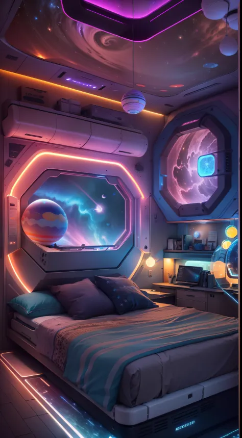 A vibrant bioluminescence colorful glow lit ((space ship escape pod bedroom)), with a highly detailed cozy and colorful space theme hacker-core aesthetic high tech closable door system visible, computer screens, fold out work desks inside the escape pod, h...