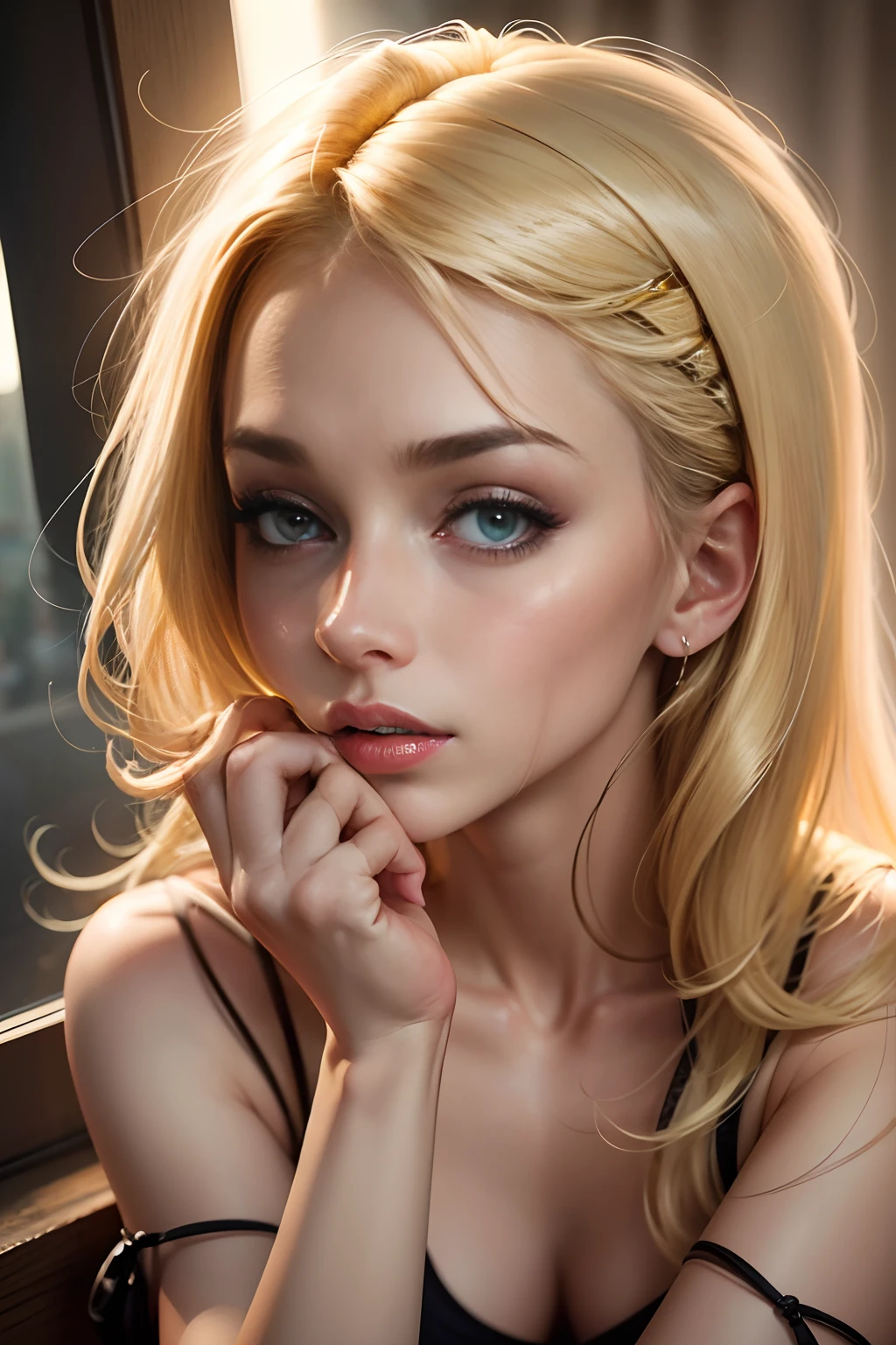 A close up of a woman with blonde hair and blue eyes - SeaArt AI