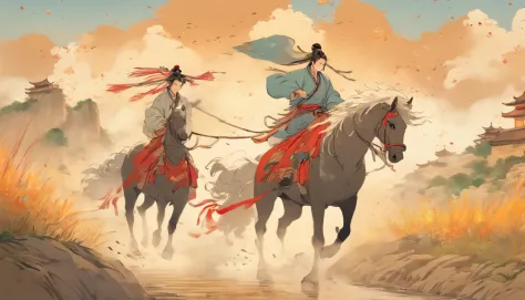 Poor man on horse, Traditional Chinese attire, Dusty road, Serene countryside, Humility and perseverance, Traditional Chinese Painting