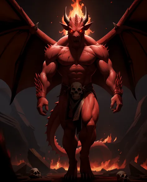 highres, furry, anthro, (dragon), white body, red eyes, horns, tail, horror core, red theme, dark background, standing on a pile of bones, blood, fire, skulls, glowing eyes, solo, 1 boy, masterpiece, best quality, extremely detailed, expressive, epic setti...
