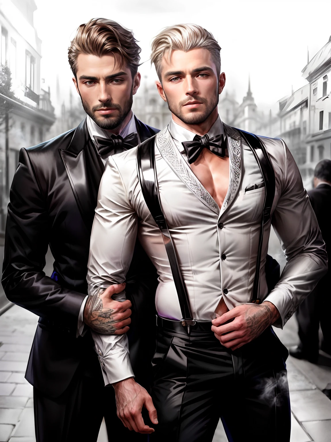 there are two men in suits standing next to each other, two beautiful men, greg rutkowski e jakub rebelka, homens em smokings, nun dress, usando um smoking, usando smoking, wearing suits!, vestindo um terno, well - dressed, Gay, artem, black necktie, in strict suit, formal suit, suits, suspenders