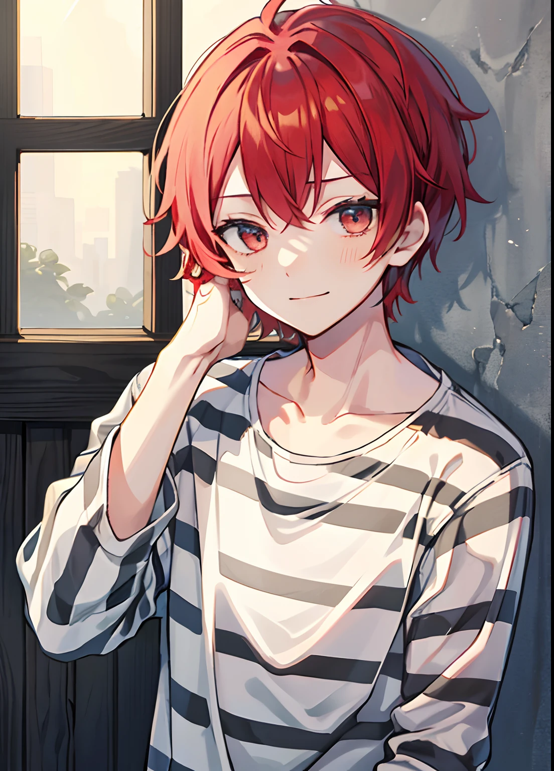 1boy, Handsome man,  Solo,Very short red hair, red hair, up looking_で_viewer, ((masutepiece,Best Quality)), Beautiful detailed eyes, beautifull detailed face、Sleepy face、sleepy expression、A slight smile, (((priclothes))), (((striped clothes))), shirt, outfit, (long sleeves), prisoner, clothes, clothing, black and white stripes, prison cell, young