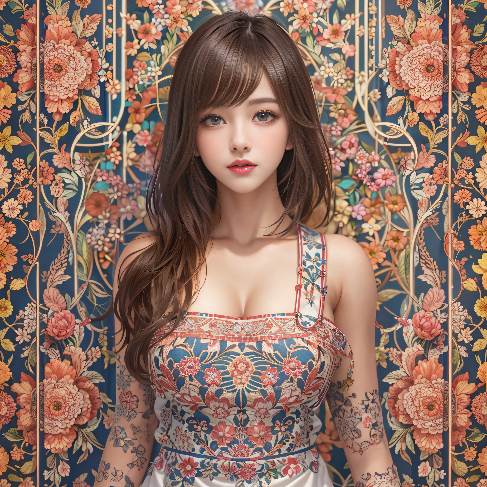 (symmetrical, Compositions with colorful geometric arabesque patterns):1.3, 
(top quality, masterpieces, realistic, photorealism:1.37, best shadows), (1girl:1.3), (semi-long hair), (dark brown hair), (medium breasts:1.3), (nude lipgloss), (make up), (Show cleavage), perfect body, (18 years old), close up face:1.2, (ultra delicate face), (ultra Beautiful fece), (ultra delicate eyes), (ultra detailed nose), (ultra detailed mouth), (ultra detailed arms), (ultra detailed legs), (ultra detailed body), (from the front side), looking at the audience, Ultra-meticulously drawn clothes, Floral work apron