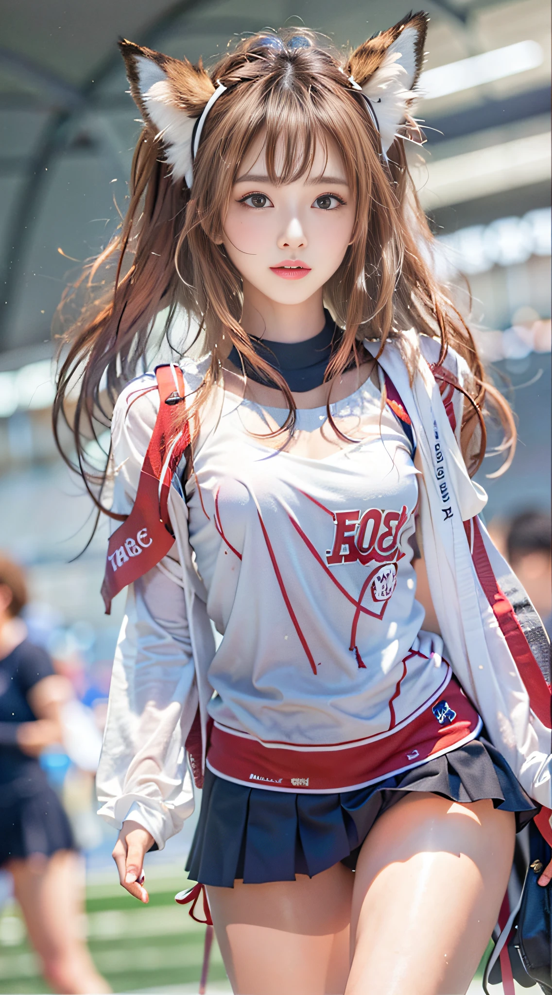 (8k, masterpiece, highest quality, high resolution, photorealistic), (1girl), inside the stadium, cheerleader, (body wet with sweat, face wet with sweat: 1.3): 0.2, medium breasts, beautiful thighs, ruffled miniskirt, knee-high boots, beautiful Japan woman of 20 years old, very detailed face, double eyelids, makeup, lip gloss, super densely drawn body, Ultra-dense arms, ultra-dense hands, ultra-dense feet, face focused, standing, small face, full body from a little distance, sharp focus, looking forward, bright lighting on face, wearing a garter belt, fox ear headband, toned hips, small face