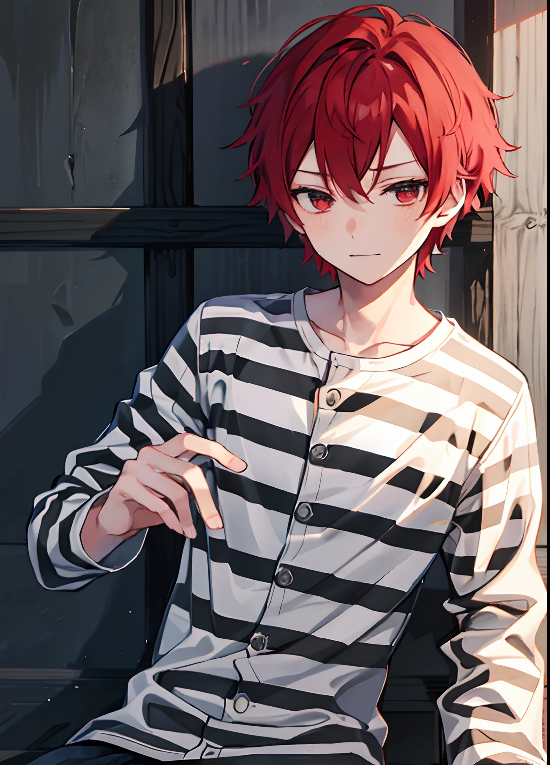 1boy, Handsome man,  Solo,Very short red hair, red hair, up looking_で_viewer, ((masutepiece,Best Quality)), Beautiful detailed eyes, beautifull detailed face、Sleepy face、sleepy expression、A slight smile, (((priclothes))), (((striped clothes))), shirt, outfit, (long sleeves), prisoner, clothes, clothing, black and white stripes, prison cell, young, buttons
