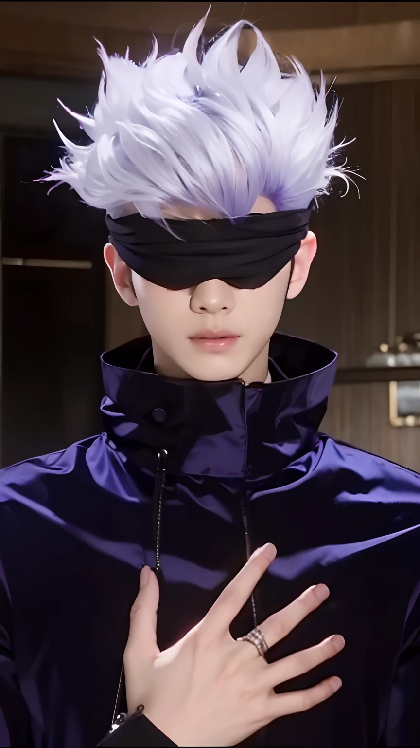 handsome man,indigo purple hair,use a blindfold