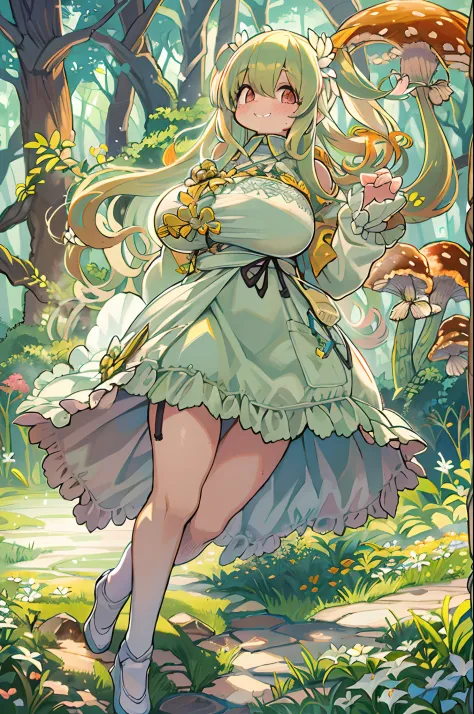 eyesight, (Three Lolitas: 2) Stable diffusion is the best image quality, morning sunlight, Spring landscape, Dew and flowers, flying hair, Live in a fairytale dreamland with mushrooms, trip, Running, and laughing. forest pathway,huge-breasted、bbw,Large Thi...