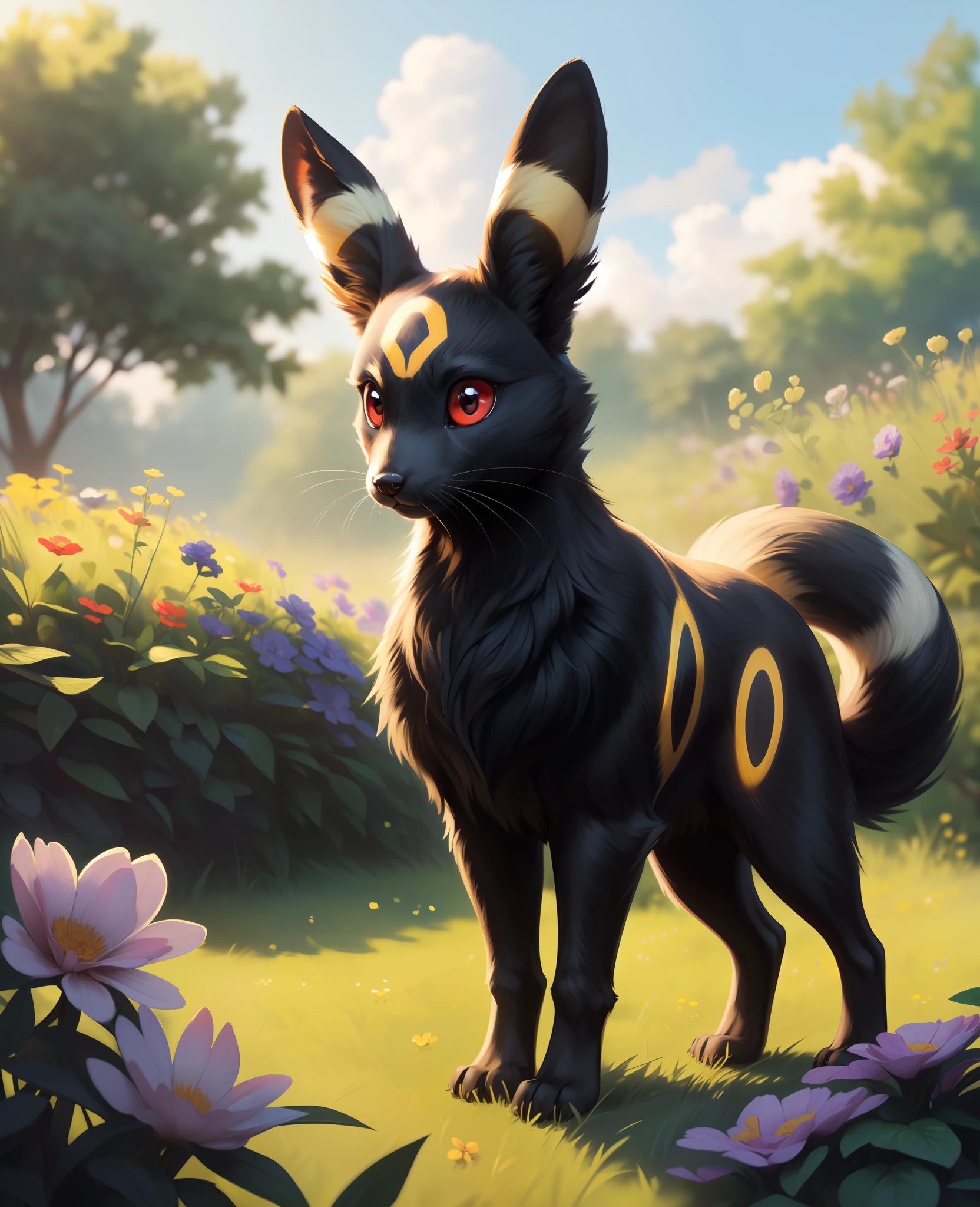 uploaded on e621, ((by Harriet Backer, by S1M, by The Giant Hamster, by Reylia Slaby)),
solo (quadruped feral:1.4), (((Umbreon), grey black body, red eyes)),
((detailed fluffy fur)), (full-length portrait, looking at viewer),
BREAK,
(grass, plant, flower, sky, cloud),
(detailed background, depth of field, half body shadow, sunlight, ambient light on the body),
(masterpiece, best quality, ultra realistic, 4k, 2k, (intricate:0.9), (high detail:1.4), film photography, (soft focus:1.2),
RAW photo, photorealistic, analog style, subsurface scattering, photorealism, absurd res)