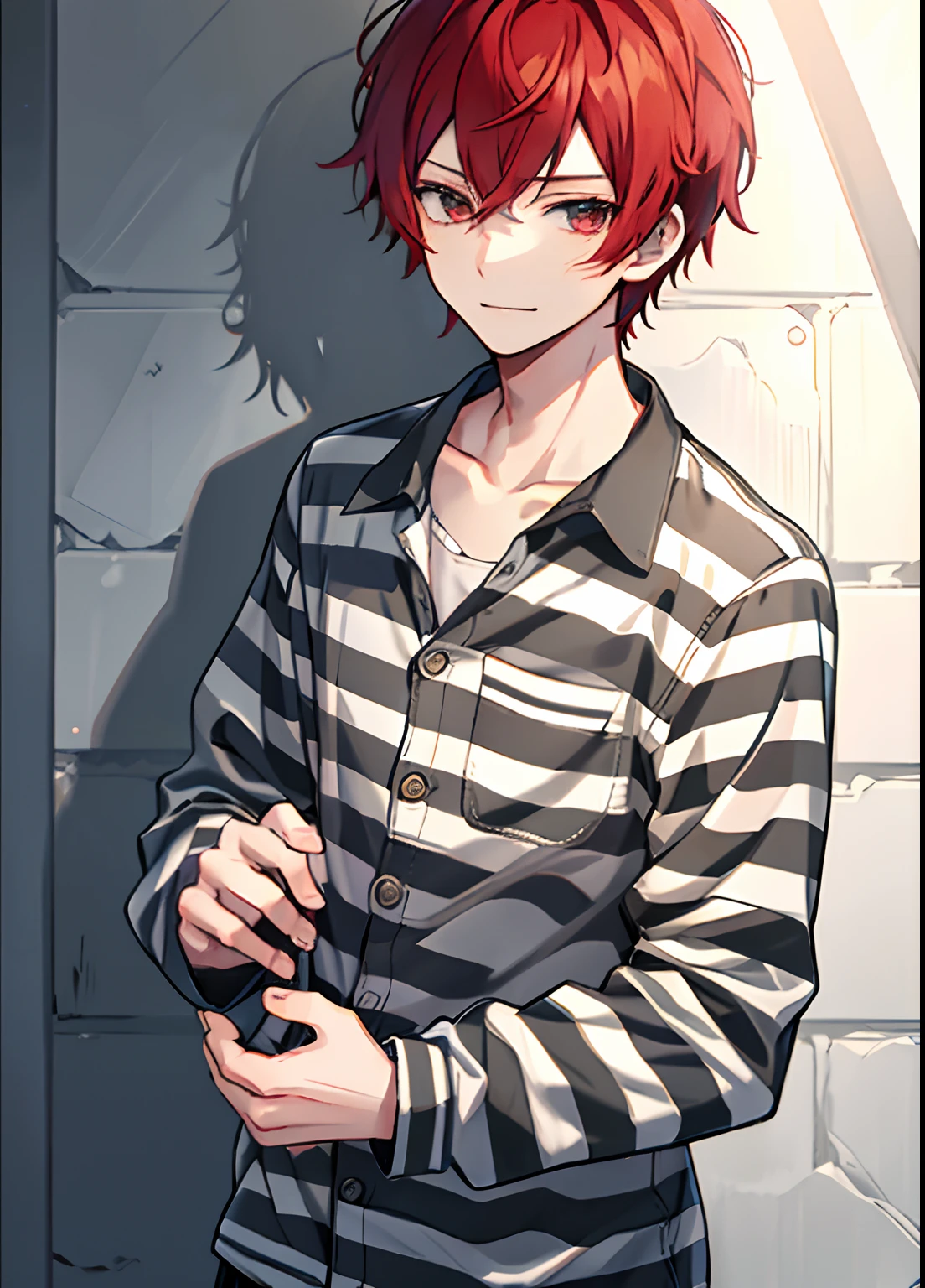 1boy, Handsome man,  Solo,Very short red hair, red hair, up looking_で_viewer, ((masutepiece,Best Quality)), Beautiful detailed eyes, beautifull detailed face、Sleepy face、sleepy expression、A slight smile, (((priclothes))), (((striped clothes))), shirt, outfit, (long sleeves), prisoner, clothes, clothing, black and white stripes, prison cell, young, buttons