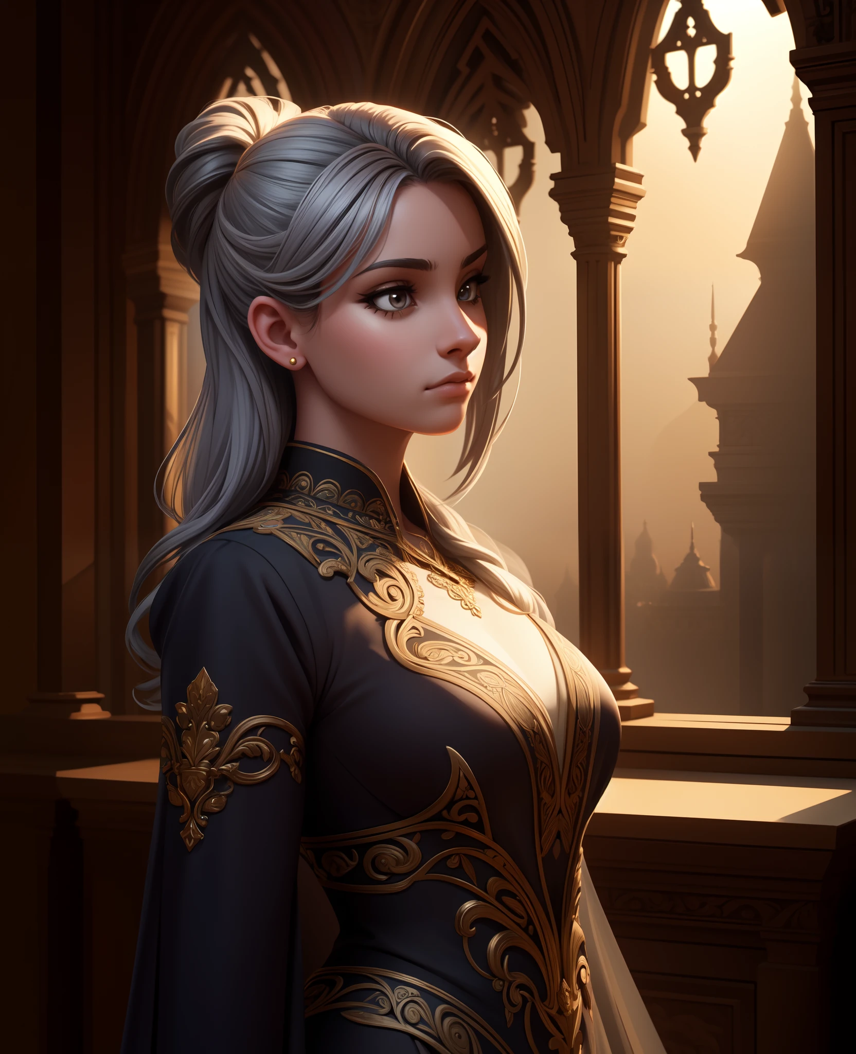 highly detailed, 8k, masterpiece, 1girl, Grey two-tone_hair, dress , , (perfect_face), ornate, intricate, dramatic lighting, 4k, detailed_background, caustics, portrait, , from_side, looking at viewer