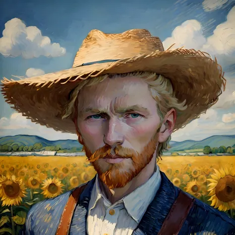 There is a man with a beard and a straw hat in a field of sunflowers, inspirado em Vincent Lefevre, Estilo Vincent van Gogh, Est...