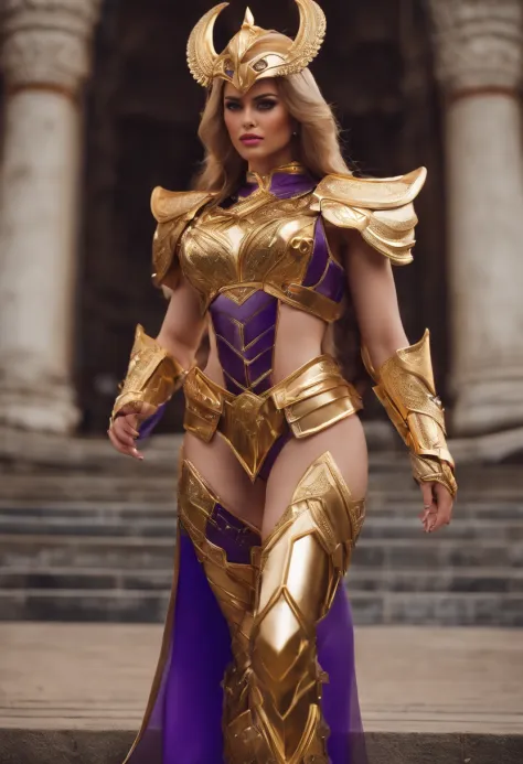 （1 girl）， full bodyesbian，Saint Seiya Armor， Wearing the golden armor of an Aries，sexy armor， Detailed armor pattern，Bling armor，Gorgeous Hair in Long Purple，Plump breasts，gigantic cleavage breasts:1.6， Long hair，Shiny skin:1.4，primitive，tmasterpiece，ultra...