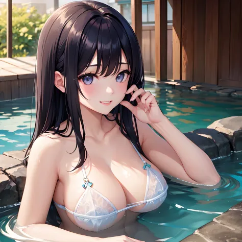 Girl soaking in a hot spring、a beauty girl、a smile、top-quality、超A high resolution、huge tit、multicolored hair、Beautiful Beautiful Girl、Girl with perfect facial features、​masterpiece、