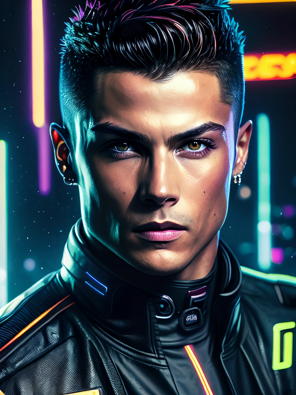 Crisp macro quality, retrato aproximado, Cristiano Ronaldo cyberpunk, na sala neon cyberpunk, rough skin, look at a camera, olhos brilhantes, 40 anos, cinemactic, cores esmaecidas, tomada escura, cores suaves, filme granulado, lut, assustador