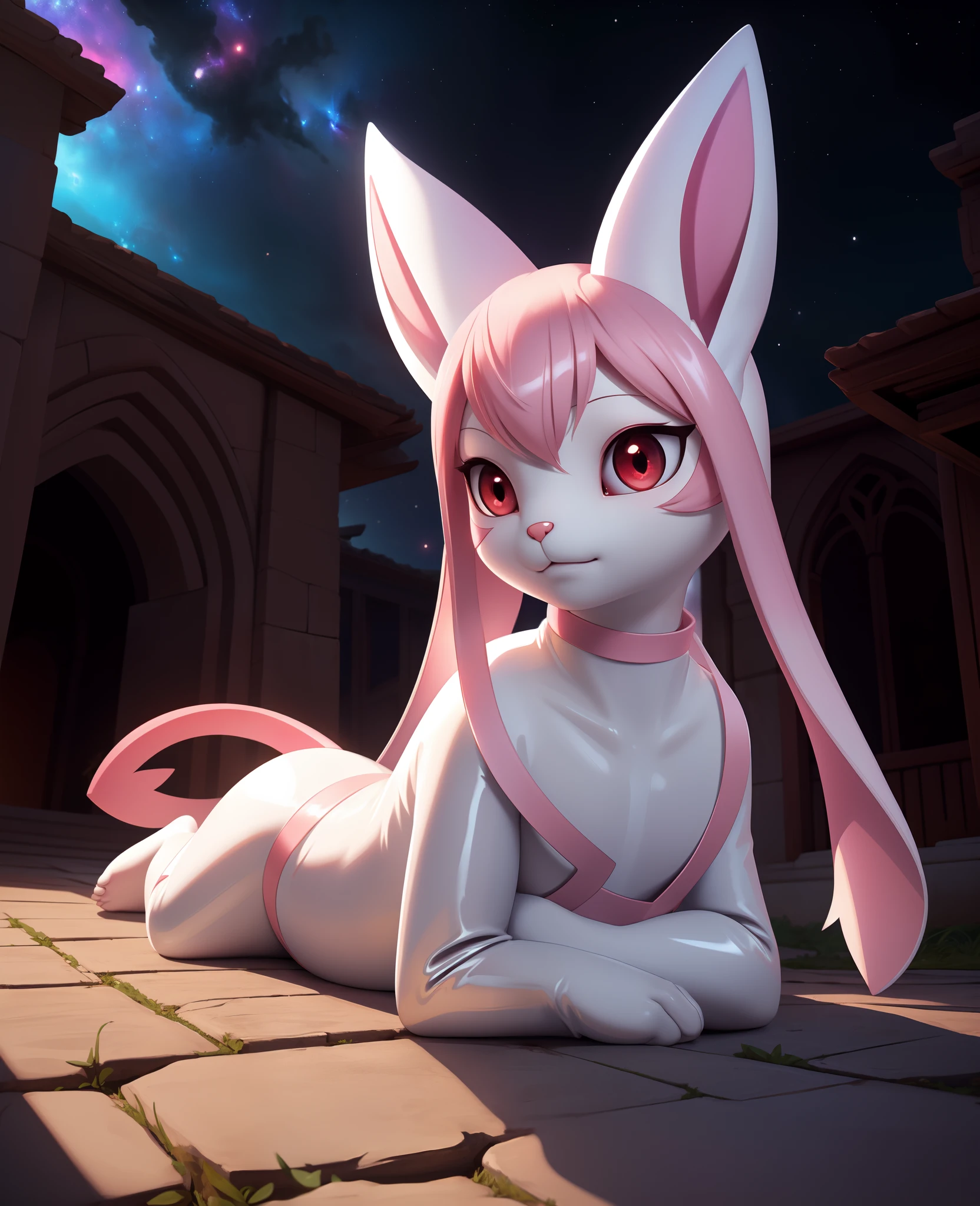 uploaded on e621, ((by Lostgoose, by Silverfox5213, by Joaqun Sorolla)), solo (((wildlife feral))) (((Kyubey))) with ((white and pink body)) and ((clear dark red eyes)), BREAK, and (((long white ears))), ((half-length portrait)),, (detailed feral Kyubey), (detailed lighting), ((detailed latex fur)), BREAK, (((lying at monastery with nebula on night))), (cinematic lighting), ((detailed background)), ((depth of field)), (half body shadow), ((sunlight)), (looking at viewer), (high-angle view), ((front view)), [backlighting], [detailed ambient light], [gray natural lighting], [ambient light on the belly], [realistic proportions],  [sharp focus],  (shaded), (hi res), ((masterpiece)),