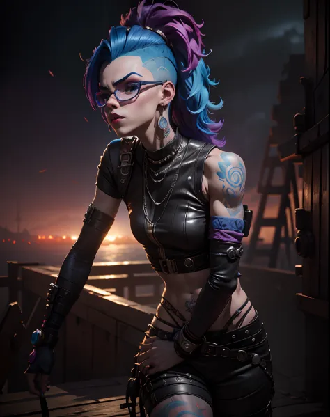 there's a woman with blue hair and tattoos posing for a photo, retrato de jinx de arcane, deviantart artstation cgscosiety, venc...