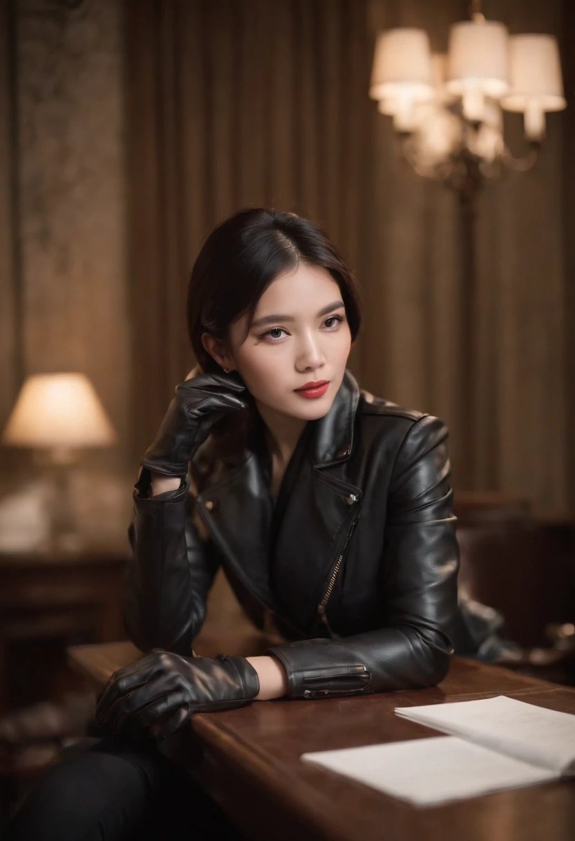 I'm wearing black leather gloves up to my fingertips in both hands and covering my upper body. Black leather double rider jacket. Slender necklace. A young and cute Japanese girl with beautiful black hair. Sitting on a black leather chair at the desk in the president's room at night. Pray.