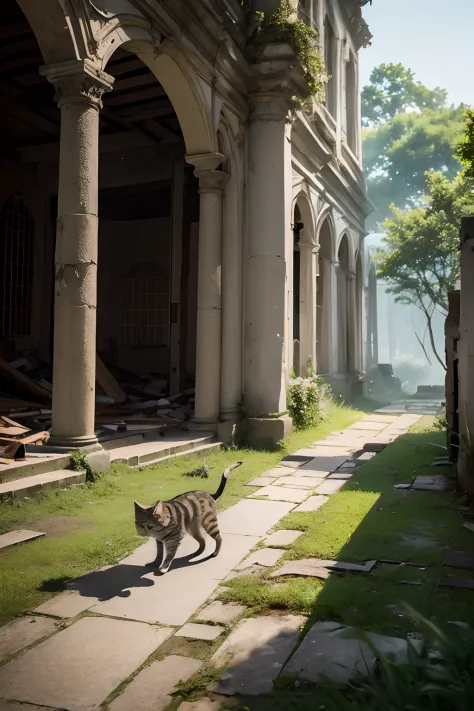 ((top-quality、​masterpiece、photographrealistic:1.4、in 8K))、catss、(Cat strolling through the ruins)