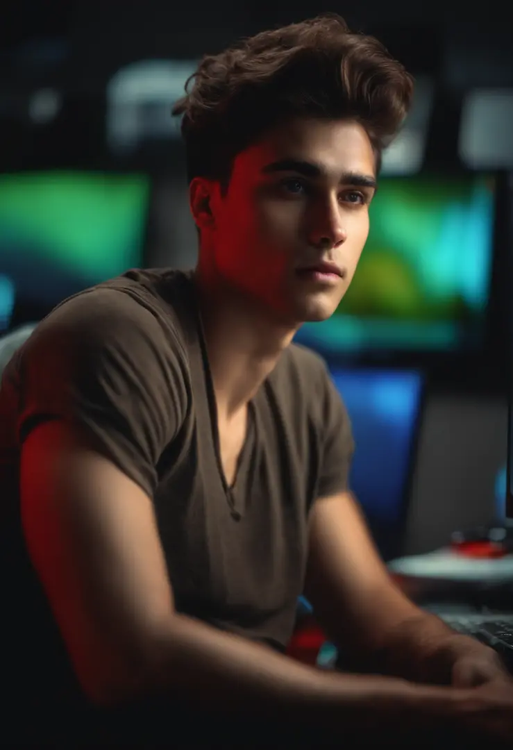 Sad and aimless young man in life in front of the 4k computer