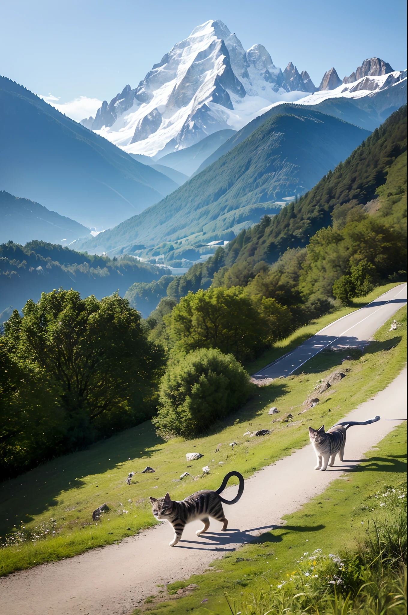 ((qualité supérieure、chef d&#39;oeuvre、photographiqueréaliste:1.4、en 8K))、chats、(Chat se promenant le long d&#39;une route avec vue sur les Alpes)