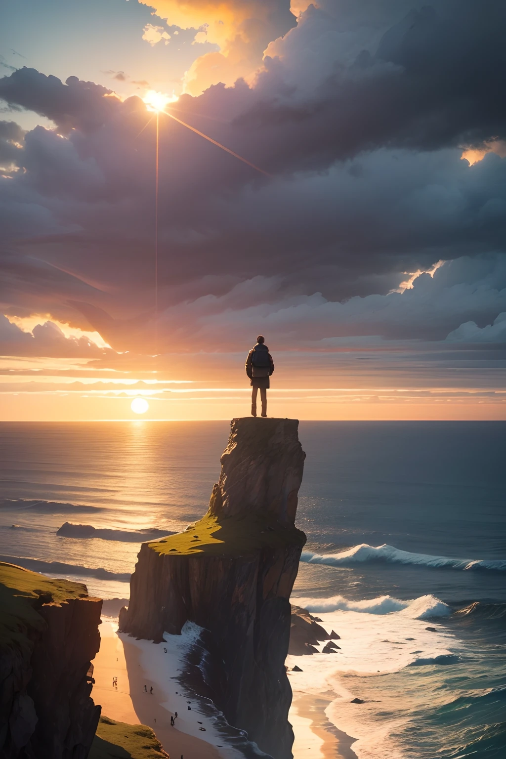 Man on cliff, overlooking ocean, windy, golden sunset, dark clouds ...