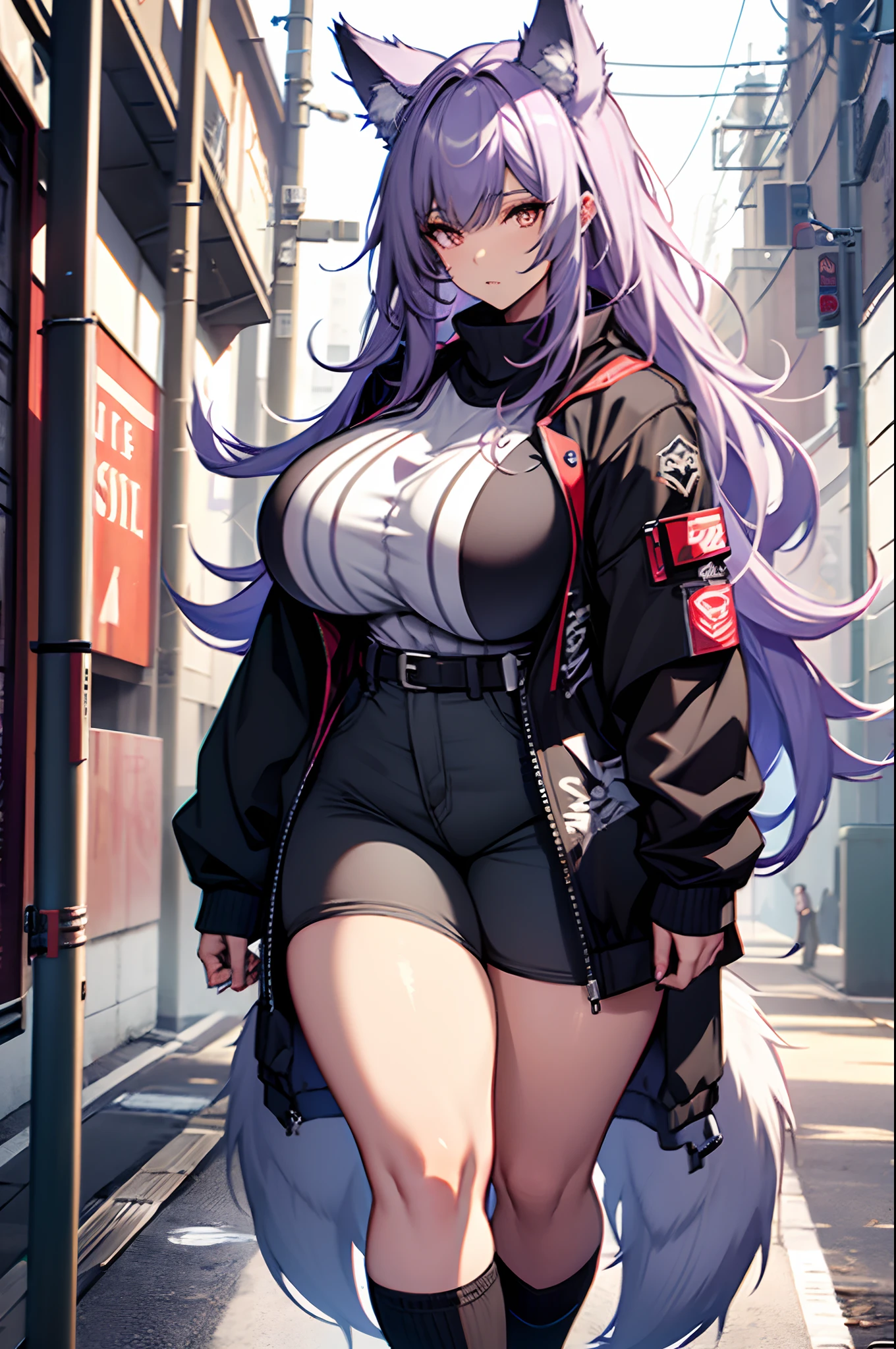 Anime girl with purple hair and a cat ears walking down a street - SeaArt AI