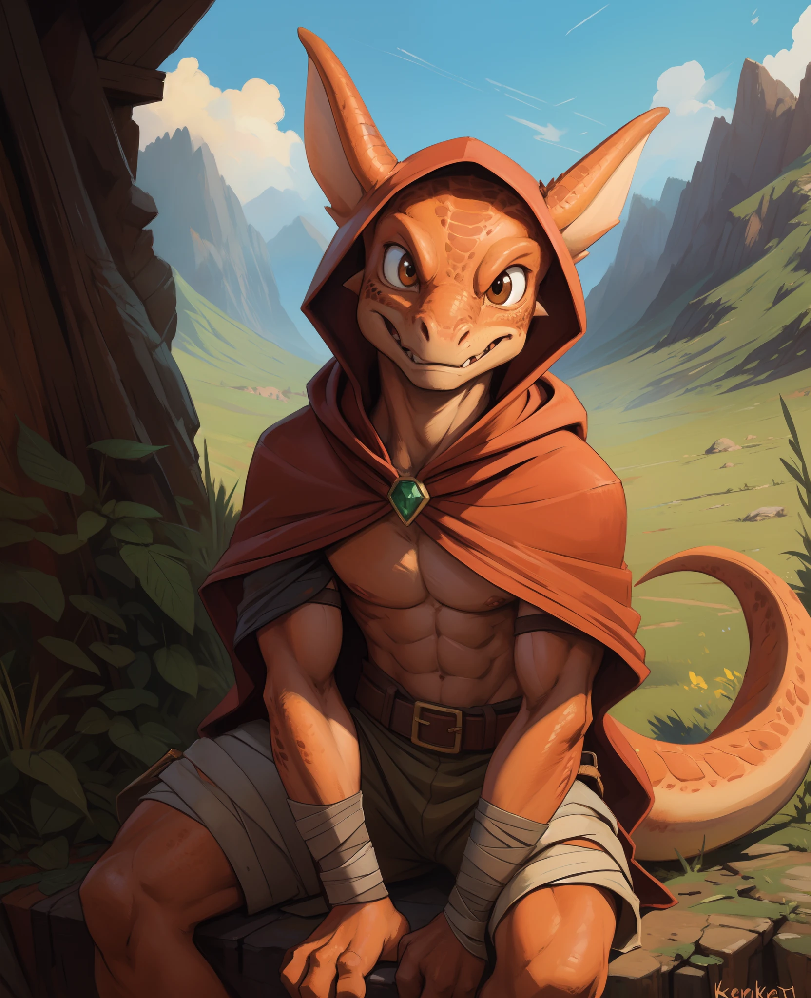 (((by Zackary911, by Kenket, by Kilinah))), solo male, bright orange skin, orange scales, (((Kobold)), (detailed kobold)) wearing a red cloak with a hood, green gem on the collar, bandaged thighs and bandaged chest, muscular toned, squirrel ears, kobold tail, messy hair, front view, looking at the observer with an embarrassed smile, blush, holding a dagger, perspective, finely detailed paws,