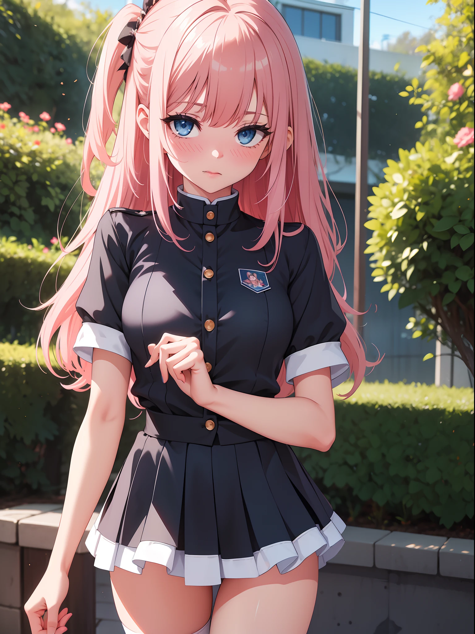 Top quality ultra-detailed CG art、Erotic、Very short miniskirt、high socks：１.２）、Pink hair、big eye、Cold eyes、Mid summer、sixteen years old、red blush、Blue eyes、sexypose、Naughty Girls、Short stature、年轻、kawaii、World One、Mini skirt、A sexy、Angle from below、Summer Uniforms