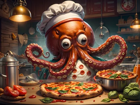 (surreal,fantasy) an octopus dressed as a skilled chef, (best quality,4k,highres:1.2),using its tentacles to prepare and bake a ...